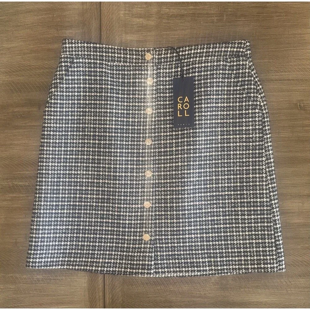 NWT Carroll Paris Blue Houndstooth Wool Tweed Gold Button Skirt Size 40 8/10 M/L